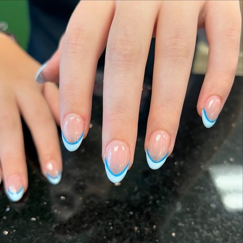 Dainty blue line French manicure 💙✨Brushed Nail Salon 460 Hurffville Crosskeys Rd Sewell, NJ 08080 ✨ #shortnails #longnails #coffinnails #stilletonails #almondnails #trendingnails #southjerseynails #foryou #trending #nailsnailsnails @moniquebrushednailsalon Tiffany Blue French Tip Nails, Blue French Tip Nails, Blue French Tip, Blue French Tips, Blue French, Tip Nails, French Tip Nails, French Manicure, Blue Line