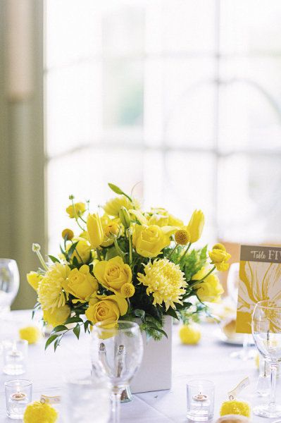 Wedding Colors Yellow, Yellow Reception, Trendy Wedding Colors, Tall Wedding Centerpieces, Yellow Wedding Flowers, Tropical Wedding Flowers, Flower Centerpiece, Beautiful Wedding Flowers, Botanical Gardens Wedding