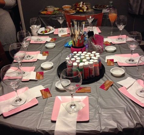 Juice And Paint Party, Wine And Paint Party Ideas Girls Night, Sip And Paint Ladies Night Ideas, Paint Party Set Up Ideas, Wine And Canvas Party, Zip And Paint Party Ideas, Bridal Paint Party, Paint Night Bachelorette Party, Pink Sip And Paint Party