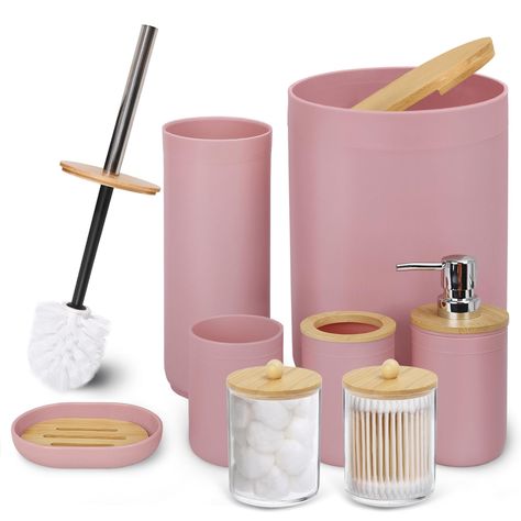 PRICES MAY VARY. Plastic HIGH-QUALITY BAMBOO AND THICK PLASTIC RESISTANT, DURABLE, & SHATTERPROOF-With high-quality bamboo, thick shatterproof plastic, and a coat of heavy resin, our bathroom set is durable FULLY FUNCTIONAL COMPLETED SET - A completed bathroom accessory set which equips everything you will need to organize your toiletries. PREMIUM QUALITY LIQUID SOAP DISPENSER PUMP – We know how frustrating it can be to use a flimsy pump that leaks or just does not work. No matter how your bathr Bamboo Bathroom Accessories, Pink Bathroom Accessories, Girly Bathroom, Pink Bathroom Decor, Bathroom Accessories Set, Bamboo Bathroom, Soap Pump Dispenser, Small Toilet, Bathroom Decor Sets