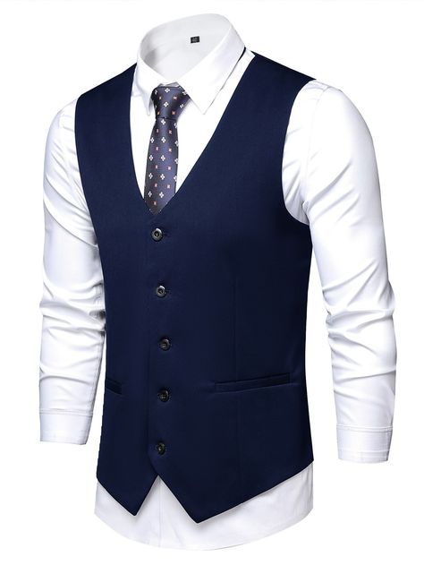 Navy Blue Work Collar Sleeveless Fabric Plain Vest Embellished Non-Stretch Spring/Summer/Fall Men Suits & Separates Navy Blue Waistcoat Men, Business Suit Vest, Attack Titan, Men Waistcoat, Navy Blue Vest, Plain Vest, Blue Suit Men, Waistcoat Men, Man Blazer