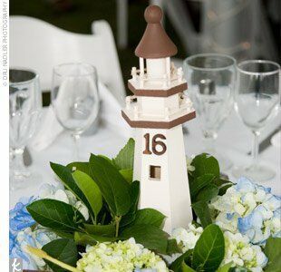 The Centerpieces Lighthouse Theme, Retirement Party Sign, Coastal Wedding Decor, Nautical Centerpiece, Beach Reception, Navy Birthday, Lighthouse Wedding, Lighthouse Decor, Nautical Wedding Theme