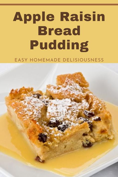 Delicious bread pudding studded with apples and raisins. Bread Pudding With Apples And Raisins, Apple Raisin Bread Pudding, Raisin Bread Pudding Recipe, Apple Raisin Bread, Rasin Bread, Apple Bread Pudding, Raisin Bread Pudding, Best Bread Pudding Recipe, Bread Pudding Easy