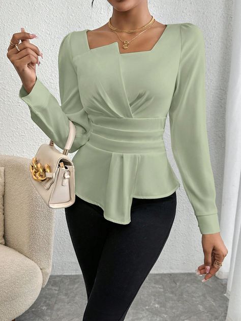 Mint Green Casual,Elegant Collar Long Sleeve Woven Fabric Plain Peplum Embellished Non-Stretch  Women Clothing African Fabric Accessories, Green Top Outfit, English Dress, Woman Suit Fashion, Brown Skirts, Irregular Hem, Women Blouses, Casual Work Outfits, Suit Fashion