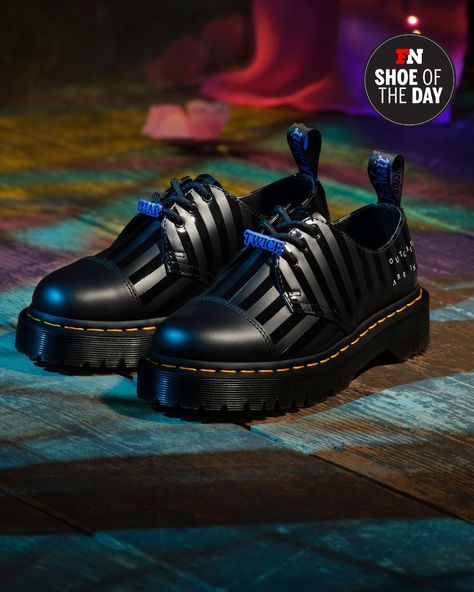 Shoe of the Day: @drmartensofficial x Wednesday 1461 Bex Wednesday Shoe. ⁠ ⁠ Just in time for spooky season, Dr. Martens is launching its first collaboration with @wednesdaynetflix. The line is inspired by the iconic Addams family character, played by Jenna Ortega in the hit TV series produced by MGM Television for Netflix. ⁠ ⁠ This style is made with smooth leather, a gloss stripe print, and a plain toe cap with stitch detailing. Purple accent details are throughout the shoe, including in th... Addams Family Characters, Lace Charms, Style Dr Martens, Academy Uniforms, Purple Accents, Casual Shoe, Addams Family, Boot Socks, Goodyear Welt