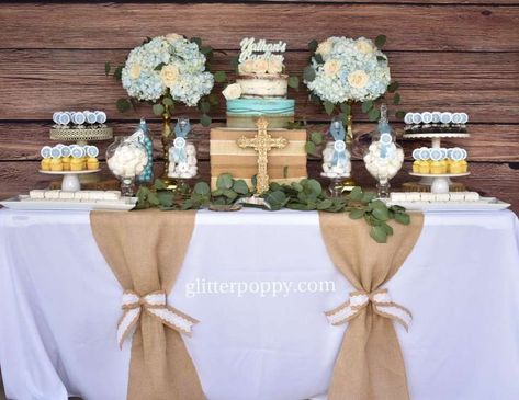 Nathan's rustic Baptism Boy Baptism Centerpieces, Dessert Tables Ideas, Baptism Party Boy, Baptism Decorations Boy, Decoration Communion, Baptism Decorations Girl, Baptism Party Decorations, Baptism Party Favors, Baptism Party Ideas