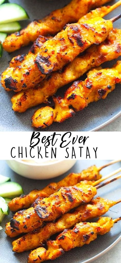 Chicken Satay Marinade, Chicken Thighs Boneless Skinless, Sauce Satay, Chicken Satay Skewers, Chicken Satay Recipe, Healthy Chicken Thigh Recipes, Satay Recipe, Grilled Chicken Skewers, Peanut Sauce Recipe