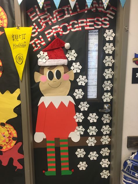 Elf on the Shelf Classroom Door Holiday Classroom Doors, Elf Themed Christmas Party, Elf Classroom, Classroom Door Decorating, Christmas Cubicle Decorations, Christmas Lights Inside, Door Decorations Classroom Christmas, Christmas Doors, Christmas Door Decorating Contest