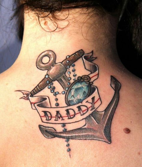 Love the anchor and jewel. Us Navy Tattoos, Navy Anchor Tattoos, Memorial Tattoos Mom, Dad Memorial Tattoo, Tattoos For Dad Memorial, Navy Tattoos, Tattoo Meanings, Anchor Tattoos, Angel Wings Tattoo