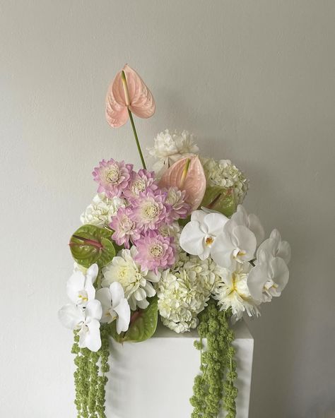 A cloud of dahlias, peonies, hydrangea, anthurium, orchids, amaranthus. One of the pieces made for @oleefowler’s wedding 🌿☁️🌸 Anthurium Bouquet, White Orchid Bouquet, Peony Flower Arrangements, Orchid Bouquet Wedding, Hydrangea Bouquet Wedding, Orchid Flower Arrangements, Dahlias Wedding, Wedding Flowers Hydrangea, Fresh Wedding Flowers