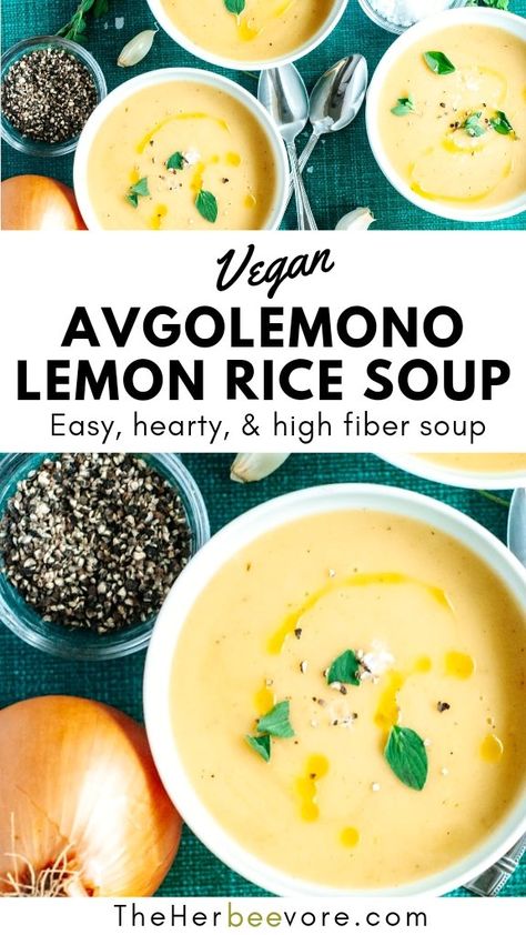 Vegan Broth Soup Recipes, Gluten Free Lemon Rice Soup, Vegetarian Avgolemono Soup, Vegan Rice Soup Recipes, Avgolemono Soup Vegetarian, Vegan Lemon Soup, Vegan Avgolemono, Vegan Avgolemono Soup, Greek Lemon Soup Vegetarian