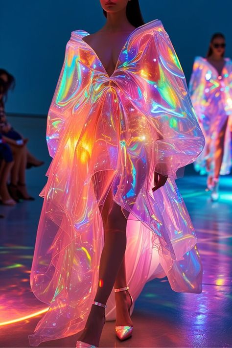 Cyberpunk Couture, Holographic Gown, Iridescent Dresses, Fashion Collection Moodboard, Holographic Outfit, Holographic Clothes, Iridescent Clothing, Gimme Gimme More, Neon Clothes