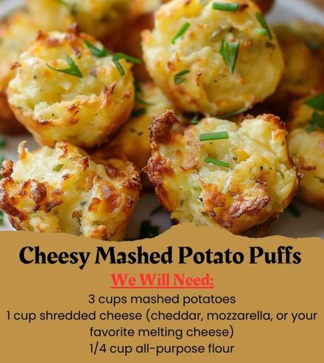 Mashed Potato Puffs Recipe, Thanksgiving Recipes Side Dishes Veggies, Easy Potato Recipes, Cheesy Mashed Potatoes, Potato Recipes Side Dishes, Thanksgiving Recipes Side Dishes, Dinner Side Dishes, Supper Recipes, Recipes Appetizers And Snacks