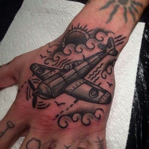 Fighter Plane.....I like this!! Gate Keeper Tattoo, Traditional Plane Tattoo Old School, Nautical Tattoo Filler, American Traditional Plane Tattoo, Old School Plane Tattoo, Old Plane Tattoo, Traditional Plane Tattoo, Spitfire Tattoo, Traditional Tattoo Sleeve Filler