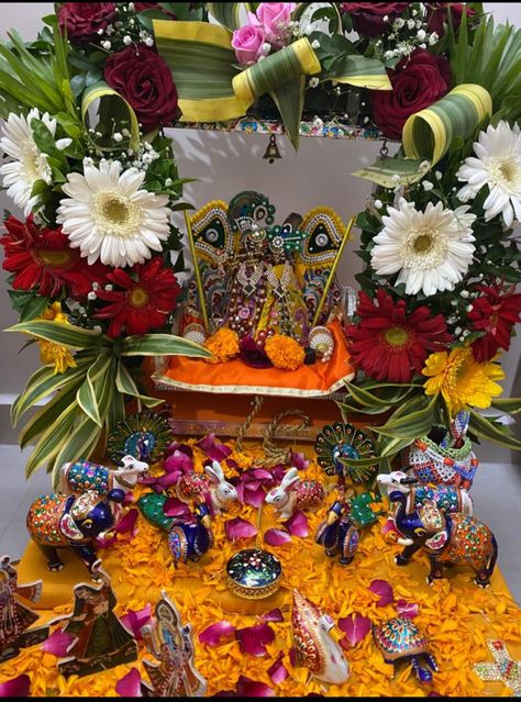 Kanha2021 image Radha Ashtami Decoration At Home, Jhula Decoration, Krishna Ashtami, Radha Ashtami, Janmashtami Photos, Mandir Decoration, Thali Decoration, Thali Decoration Ideas, God Photos