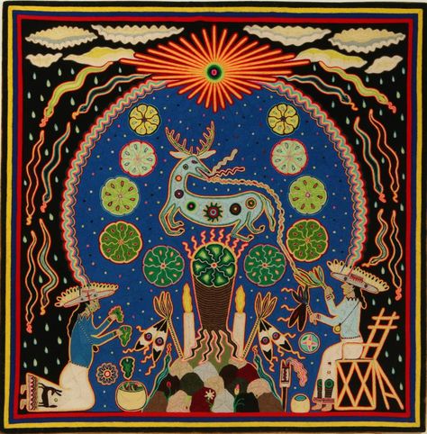 A Late 20th C. Huichol Mexican Folk Art Painting. The traditional art form of bright, exuberant and intricate compositions of yarn on board filled with centuries-old symbols and designs and fable references that include deer, snakes and much more, signed on the reverse 'Rehler E.' and dated 1999. Chilean Folk Art, Mexican Ancestors Art, South American Folk Art, Mexican Snake Art, Southwestern Folk Art, Colombian Folk Art, Traditional Mexican Folk Art, Folk Art Snake, Western Folk Art