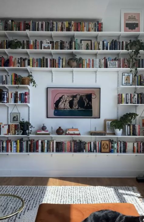 Book Shelf Ideas Wood, Boaxel Ikea Ideas Books, Track Shelving Home Office, Modular Shelving Living Room, Full Wall Shelf Ideas, Boaxel Bookshelf, Bedroom Shelf Wall, Boaxel Ikea Bookshelf, Bookshelves Around Tv Mounted