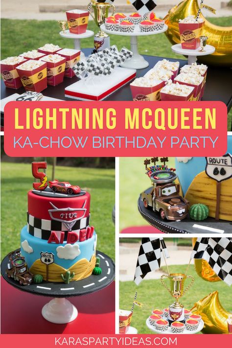 Cars Birthday Party Food, Lightning Mcqueen Party, Mcqueen Party, Ka Chow, Birthday Party Food Ideas, Pixar Cars Birthday, Mcqueen Birthday, Ballon Banner, Cars Birthday Party