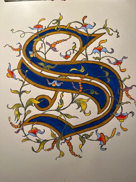 Illuminated letter \"S\", Hand Painted Old English Script, Original design Old English Script, Group Art Projects, Illumination Art, Font Inspiration, Calligraphy Alphabet, Medieval Manuscript, Illuminated Letters, Creative Fonts, A Good Friend