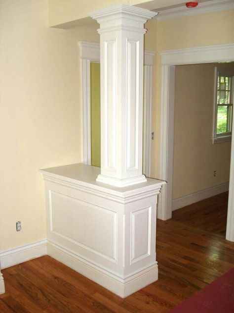 Crown moulding pillars Column Moulding, Arcade Interior, Painted Millwork, Interior Pillars, Half Wall Ideas, Columns Interior, Capira, Design Interior Modern, Wooden Columns