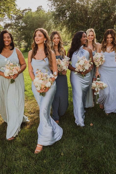 Bride With Blue Bridesmaids, Summer Bridesmaid Dresses Blue, Satin Blue Bridesmaid Dresses, Bridal Shoot Ideas, Bachelorette Dresses, Slip Bridesmaids Dresses, Bridesmaid Dresses Color Palette, Bridesmaid Dress Color Schemes, Mismatched Bridesmaid Dresses Blue