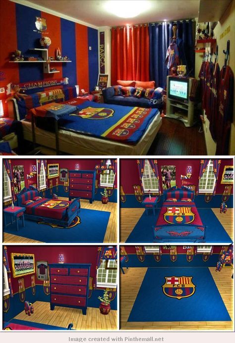 Barca Bedrooms for young Cules. Boys Soccer Bedroom, Soccer Themed Bedroom, Soccer Bedroom, Sports Themed Bedroom, Soccer Room, Football Rooms, Football Bedroom, Disney Room Decor, Disney Rooms