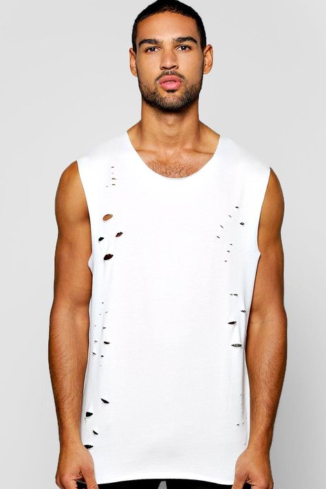 Sleeveless Destroyed T-Shirt Destroyed T Shirt, Sleeveless Shirt, Shirts For Men, Shirt White, Mens T, Mens Shirts, T-shirt, For Men, T Shirts