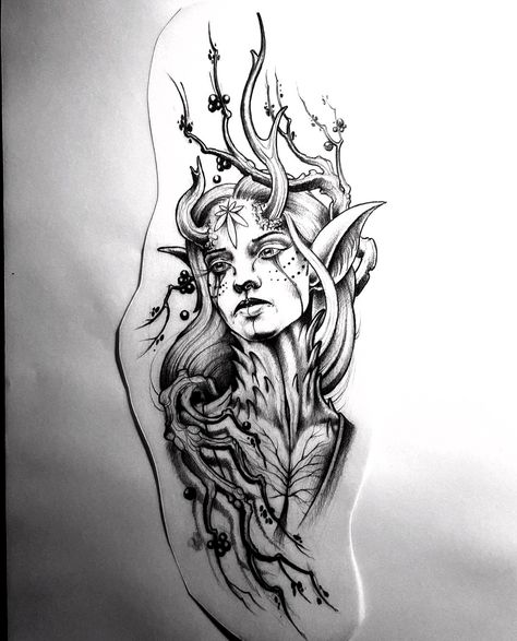 Forest Elf Tattoo, Arm Tattoos Sleeve For Women, Dryad Tattoo, Tattoos Reference, Elf Tattoo, Valkyrie Tattoo, Inner Bicep Tattoo, Armband Tattoos, Deer Girl