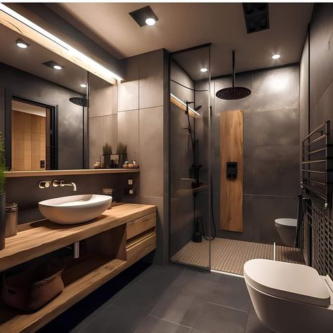 Contemporary Cabin Bathroom, Dark Wood Floor Bathroom, Black Interior Bathroom, Bathroom Interior Design Luxury Black, Black And Wood Bathroom, Small Dark Bathroom, Dark Brown Bathroom, Industrial Bathroom Design, Bathroom Interior Design Luxury