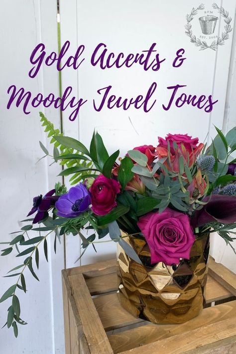 Jewel tone flowers with gold vases | Centerpieces at Purdue Memorial Union | Purdue Wedding Florist Jewel Tone Arch Wedding, Jewel Tone Bridal Shower Decor, Gem Toned Wedding, Jewel Tone Birthday Party Decor, Jewel Tone Jewelry, Jewel Tone Baby Shower Ideas, Jewel Tone Centerpieces Wedding, Jewel Centerpieces, Jewel Tone Birthday Party