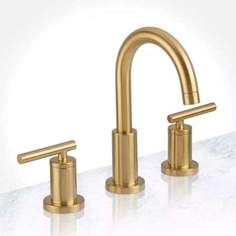 Miseno Two Handle Widespread Bathroom Sink Faucet in Brushed Gold | Ferguson Bathroom Build, Vessel Faucets, Fitted Bathroom, Waterfall Faucet, Bathroom Themes, Push Pops, Brass Bathroom, Powder Rooms, Gold Bathroom