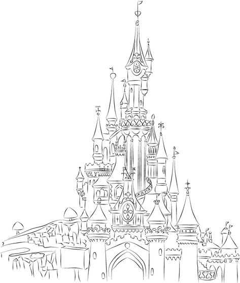 Castle Line Art, Disney Castle Drawing, Disney Castle Tattoo, Paris Castle, Castle Sketch, Disneyland Paris Castle, Castle Tattoo, Castle Drawing, Scrapbook Disney