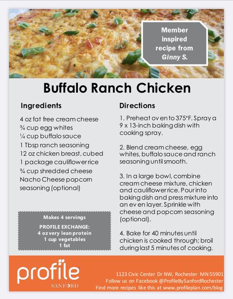 Profile Recipes Sanford, Profile By Sanford Recipes, Profile By Sanford, Buffalo Ranch Chicken, Buffalo Ranch, Carb Meals, Buffalo Sauce, Ranch Seasoning, Fat Free