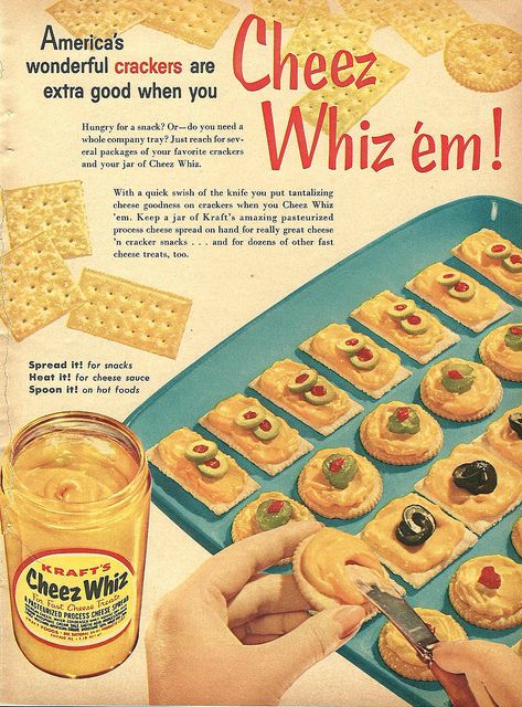 Cheez Whiz 'em! #vintage #1950s  - America's crackers are healthy with cheese wiz? Appealing to my patriotic cracker loyalty? House Bar Decor, Cheez Whiz, House Bar, Paper Home, Food Favorites, Food Ads, Retro Ads, Cheez It, Retro Recipes