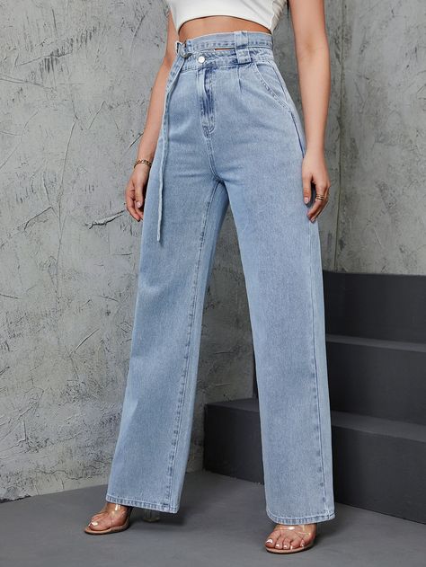 Light Wash  Collar  Denim Plain Straight Leg Embellished Non-Stretch  Women Denim Sports Wear Fashion, Dress Up Jeans, Turkish Film, Jeans Casual, Classy Casual, Fashion Hacks Clothes, Sports Wear, Modest Fashion Outfits, Women Denim Jeans