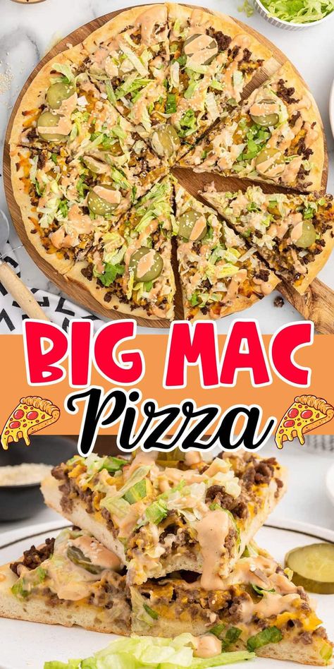 Big Mac Pickle Boats, Cheese Burger Pizza Recipe, Pizza Recipes Homemade Toppings, Pizza Burger Pie Recipe, Big Mac Pizza Recipes, Hamburger Pizza Recipes, Pizza Ideas Toppings, Cheese Burger Pizza, Mcdonalds Pizza