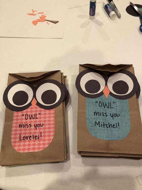 Paper Bag Goodie Bags, Paper Bag Owls Craft, Owl Paper Bag Puppet, Owl Miss You Gifts Student, Owl Craft Paper Bag, Owl Miss You, Owl Always Love You Craft, Goodie Bags, School Gifts