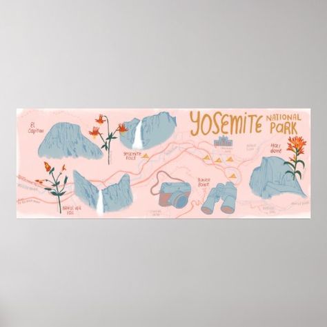 Yosemite National Park Map Illustration Pink National Parks - colorful, illustration, drawing, pink, map, yosemite, national park, hiking, camping, climbing Park Map Illustration, Yosemite National Park Map, Camping Poster, National Park Graphic, National Park Map, Hat Photography, Poster Nature, Edit Design, Map Illustration