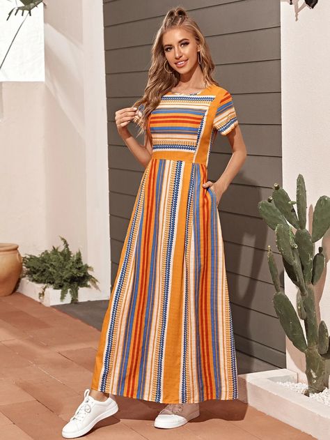 Beautiful Frocks, Long Striped Dress, Frock For Women, Long Kurti Designs, Western Clothing, Maxi Dress Outfit, Stylish Dresses For Girls, Patch Work, Designs For Dresses