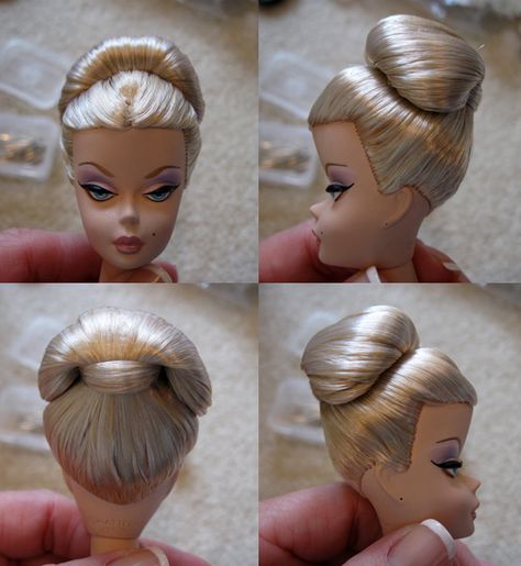 Hair: original barbie updo Barbie Doll Hairstyles, Habit Barbie, Doll Hospital, Doll Customizing, Barbie Hairstyle, Accessoires Barbie, Barbie Ideas, Barbie Hair, Barbie Clothes Patterns