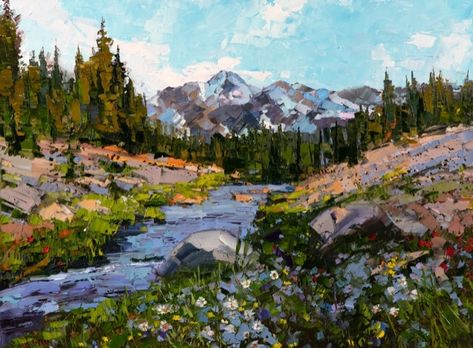 Garden Of The Gods Painting, Mountain Painting Aesthetic, Impressionist Mountains, Montana Painting, Bluebird Cottage, Animal Artists, Jackson Hole Art, Mountain Flowers, Garth Williams