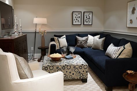 candice olson family room designs | Our Basement Renovation {part one} - Satori Design for Living Blue Couch Living, Blue Sofa Living, Blue Sofas Living Room, Sarah Richardson Design, Navy Living Rooms, Basement Inspiration, Sarah Richardson, Cozy Basement, Blue Couches