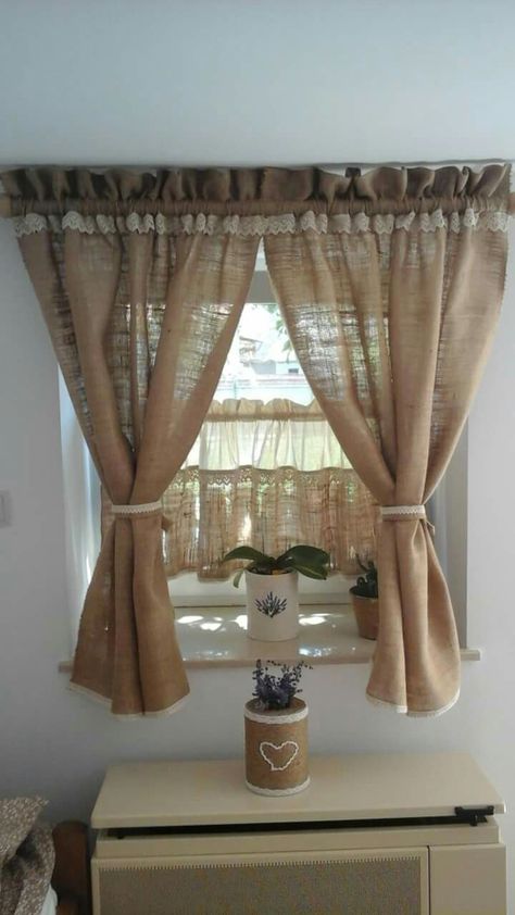 Hessian Curtains Ideas, Diy Burlap Curtains No Sew, Burlap Sack Curtains, Short Window Curtains, Farmhouse Curtains Living Room Rustic Bed Bath & Beyond, Primitive Living Room Curtains & Drapes, Rustic Window, Burlap Curtains, Home Curtains