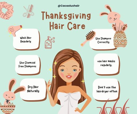 This Thanksgiving, give thanks for healthy hair with these essential hair care tips! 🍂✨ Wash hair regularly to keep it fresh and clean. Use chemical-free shampoos to nourish your strands. Apply shampoo correctly for optimal results. Let your hair dry naturally to avoid heat damage. Treat your hair to a mask regularly for added hydration. Limit the use of hairdryers to protect your hair's health. Show your hair some love this season with @Cacaoluxhair! 💖 #ThanksgivingHairCare #HealthyHair #Ca... Thanksgiving Hair, Wash Hair, Dry Shampoo Hairstyles, For Healthy Hair, Hair Dry, Heat Damage, Washing Hair, Shampoos, Hair Care Tips