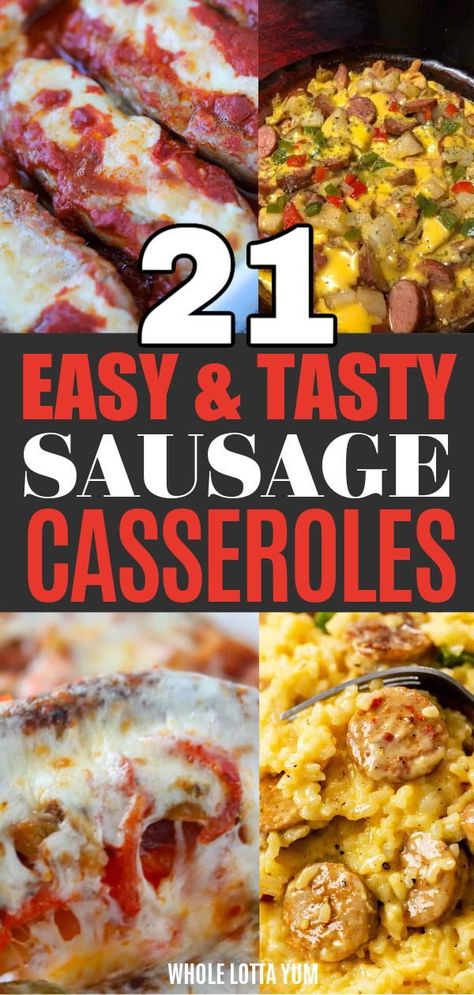 21 Best Sausage Casseroles that make the perfect breakfast, lunch, or dinner meals for family and friends. You’ll love these casseroles using Italian sausage, bratwurst, and kielbasa sausage for yummy recipes! Casing Sausage Meals, Breakfast With Link Sausage, Low Calorie Smoked Sausage Recipes, Johnsonville Firecracker Sausage Recipes, Bbq Sausage Recipes For Dinner, Andioulle Sausage Recipes Dinners, Dinner With Smoked Sausage, Recipes With Breakfast Sausage Links, Breakfast Sausage Link Recipes