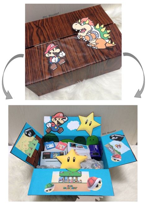 A Birthday present for my boyfriend. He loves old games, so i bought him a SNES (Super Nintendo Entertainment System). Therefor i made him this colorful Mario box.  I hope he will like it, what do you think? :) Super Mario Gifts, Diy Crafts For Boyfriend, Nintendo Entertainment System, Boyfriend Crafts, Boyfriend Games, Mario Birthday, Diy Presents, Birthday Box, Birthday Board