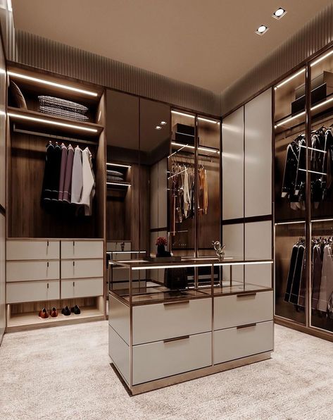 Island In Wardrobe, Luxury Walk In Wardrobe Design, Wardrobe Island Design, Walk In Wardrobe Island, Walk In Wardrobe Luxury, Dream House Closet, Walk In Closet Luxury, Luxury Wardrobe Design, Walkin Closets Design