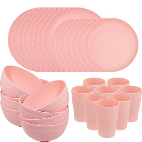 PRICES MAY VARY. SAFE MATERIAL：The pink wheat straw dinnerware set is made of natural straw fiber & food grade safe materials. Its 100% BPA free, non-toxic. Sturdy and durable, pink plastic dinnerware set is very strong, durable, lightweight and unbreakable, will not break or chip like porcelain or ceramic, even if they are dropped or hit by accident! VALUE PACKAGE INCLUDED：This pink dishes served for 8, the pink plastic dinnerware sets are reliable choice for both daily use and special occasion Plastic Dinnerware Sets, Pink Dinnerware, Pink Dishes, Pink Plates, Plastic Dinnerware, Plates And Bowls Set, Pink Cups, Flower Shower, Wheat Straw