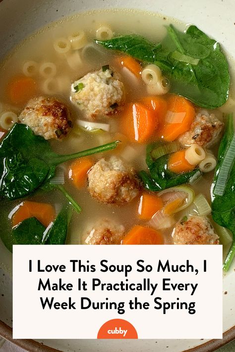 This lightened minestrone with its Parmesan broth and herby chicken meatballs is the one I return to time and time again. #soup #souprecipes #dinnerideas #weeklydinners #weeklydinnerideas Parmesan Broth, Summer Minestrone, Herby Chicken, Spring Soups, Mini Meatballs, Ditalini Pasta, Summer Soup, Small Chicken, Homemade Meatballs