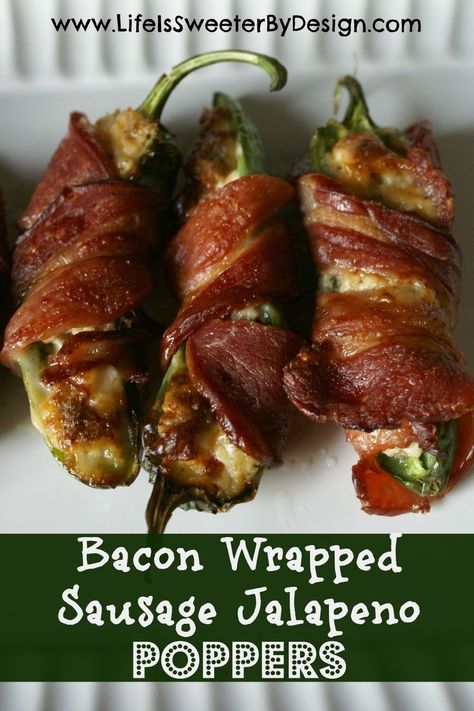 These Bacon Wrapped Sausage Jalapeno Poppers will be the favorite finger food at any party or event! An appetizer with spicy goodness won't last long! Jalapeno Poppers With Sausage, Sausage Stuffed Jalapenos, Mason Woodruff, Wrapped Jalapeno Poppers, Bacon Wrapped Sausages, Nuwave Oven Recipes, Crispy Oven Fried Chicken, Bacon Wrapped Jalapeno Poppers, Jalapeno Popper Recipes